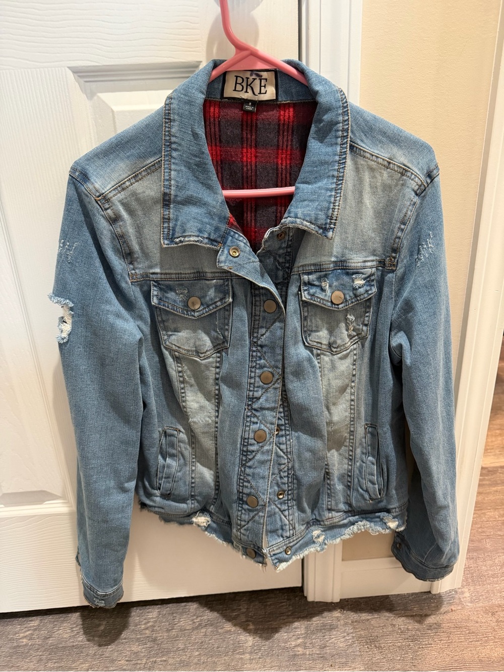 Vintage BKE Buckle Light Wash Distressed Denim Jacket with Red Plaid Lining